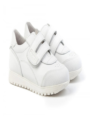 Made in Spain EU23-EU35 School Sports shoes reinforced PVC Toe Napa Leather Single Strap velcro sneakers Non Slip Rubber White 